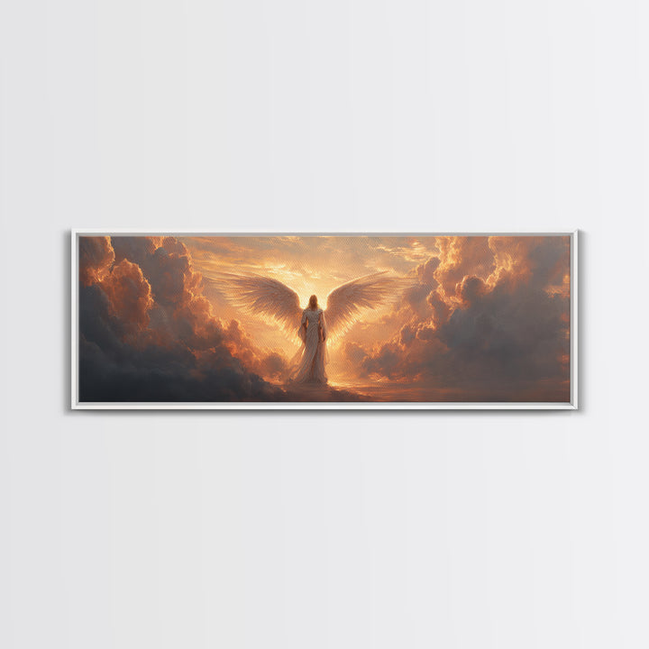 Majestic Angel Figure Surrounded By Glowing Clouds Inspirational Religious Wall Art Canvas Print For Spiritual Home Decor