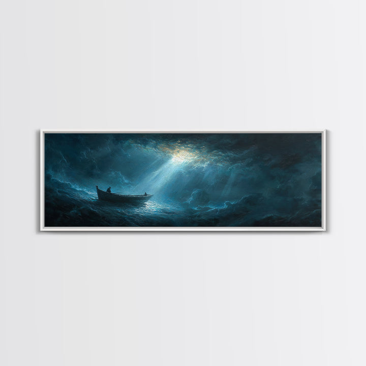 Stormy Seascape With Lone Boat Piercing Light Rays Through Clouds Canvas Print Large Wall Art Home Decor