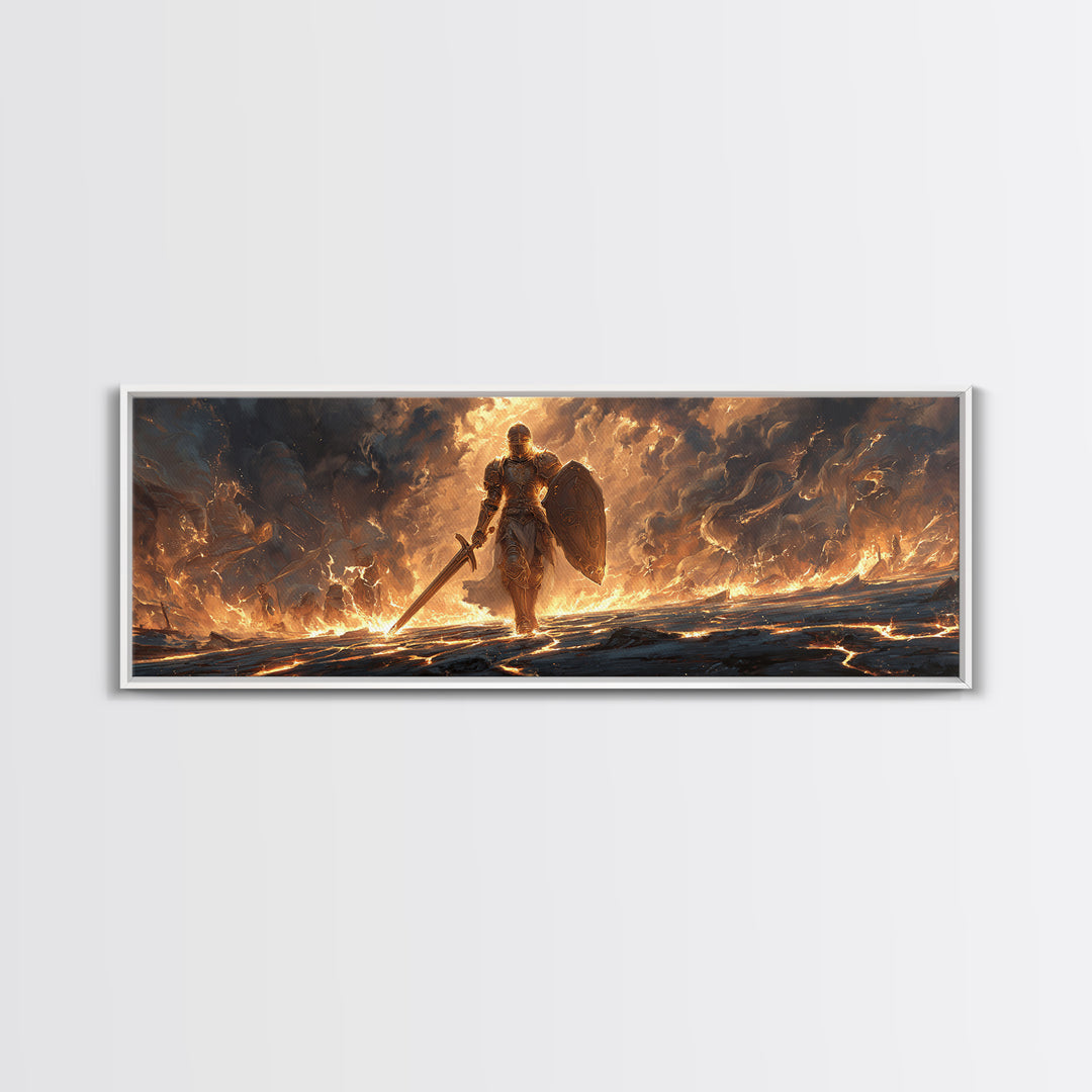 Mighty Armored Knight Walking Through Fiery Battlefield With Sword And Shield Canvas Print Medieval Fantasy Wall Art For Home Decor