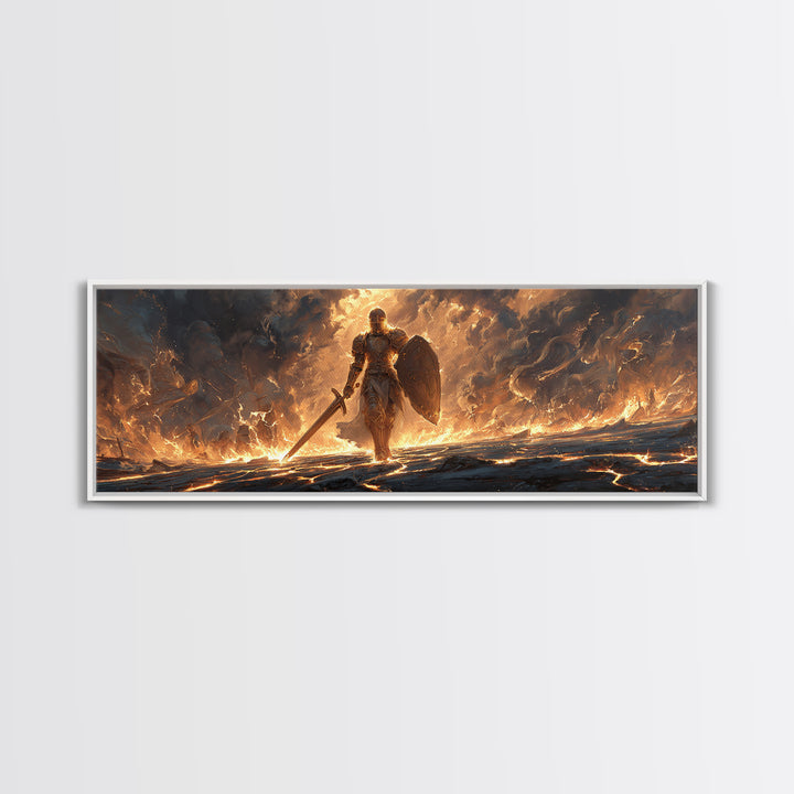Mighty Armored Knight Walking Through Fiery Battlefield With Sword And Shield Canvas Print Medieval Fantasy Wall Art For Home Decor