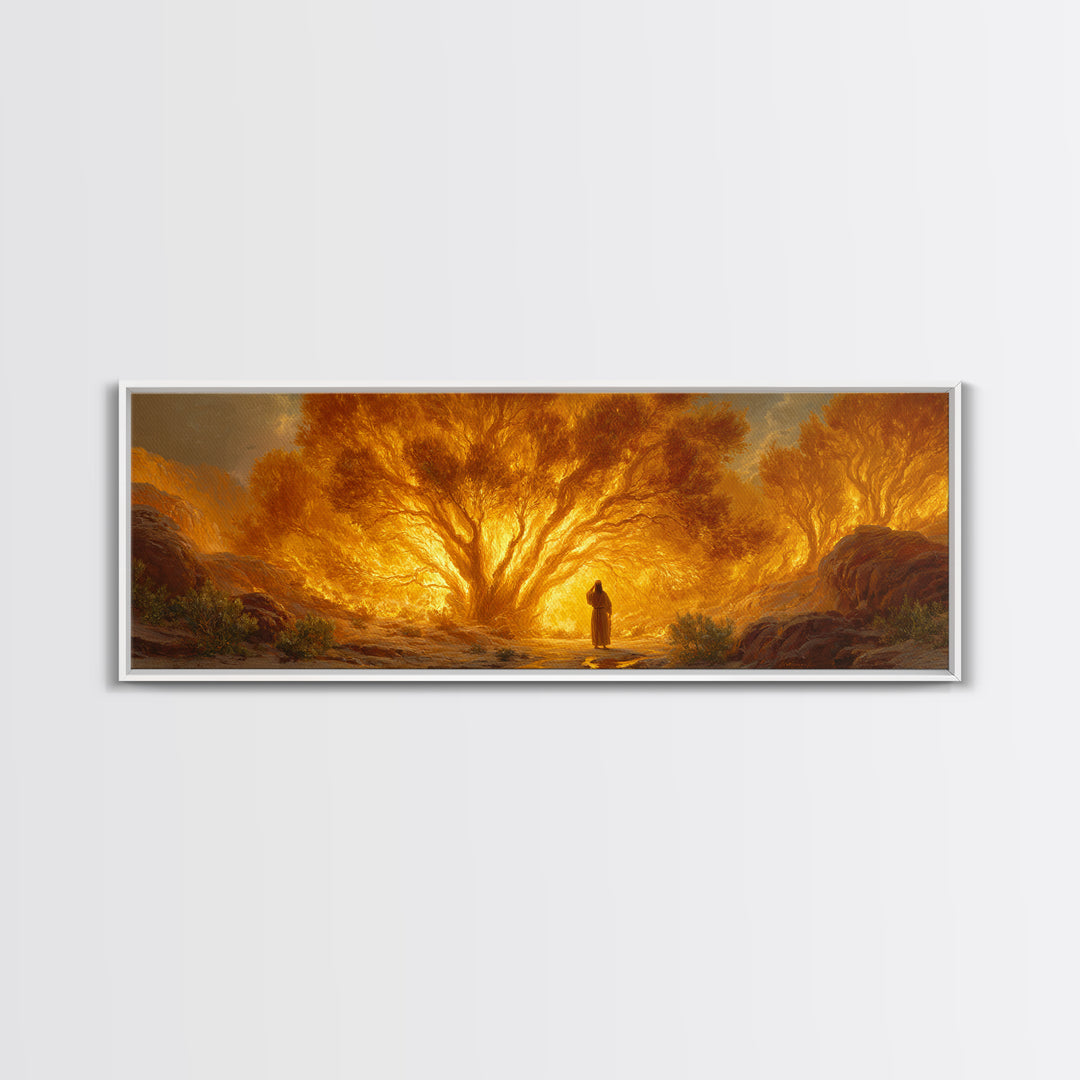 Dramatic Burning Tree With Spiritual Figure Walking Through Fiery Forest Original Art Canvas Print For Inspirational Wall Art Decor
