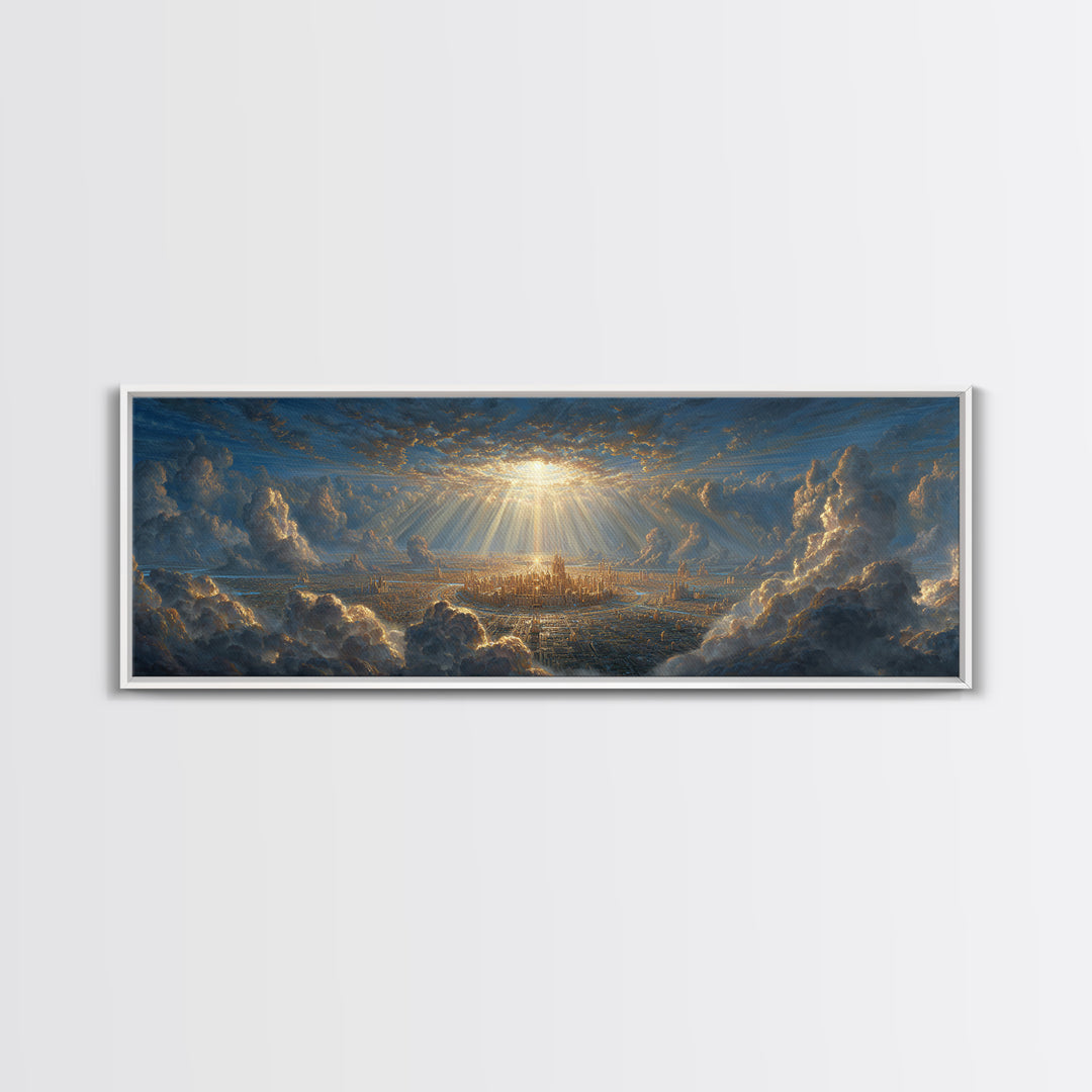 Sunlit Fantasy City Amidst Dramatic Clouds Wall Art Framed Canvas Print For Modern Home Decor And Fantasy Art Collectors Gift