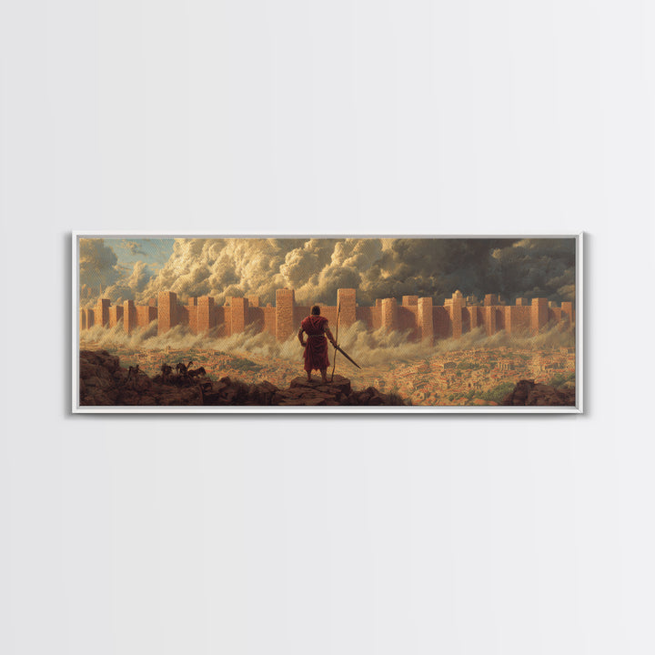 Epic Ancient Siege Scene With Warrior Overlooking Burning City - Dramatic Wall Art Canvas Print For Home Office And Living Room Decor