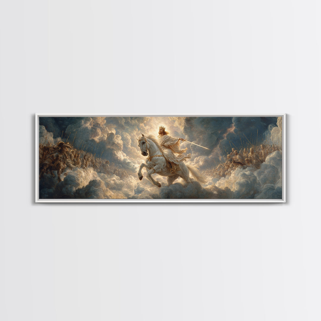 Epic Legendary Knight On White Horse Charging Battle Scene Framed Canvas Print Medieval Wall Art Dramatic Art