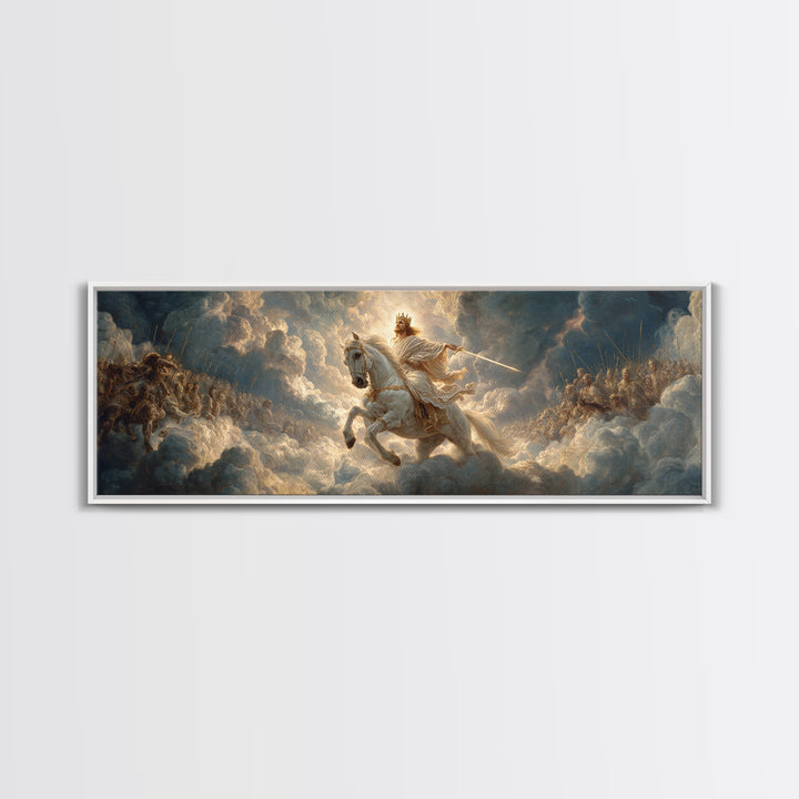 Epic Legendary Knight On White Horse Charging Battle Scene Framed Canvas Print Medieval Wall Art Dramatic Art