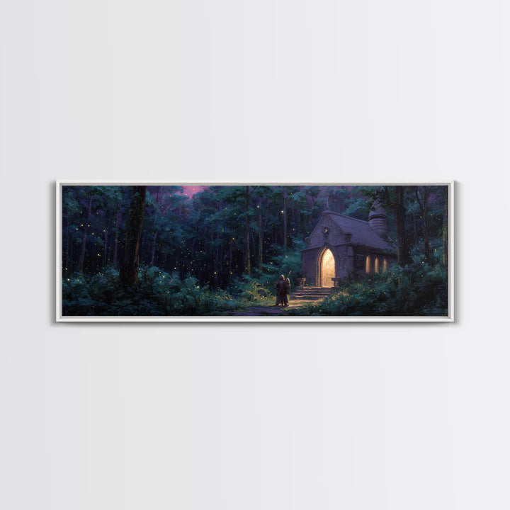 Enchanting Forest Chapel At Night With Glowing Lights And Two Travelers Original Fantasy Wall Art Print