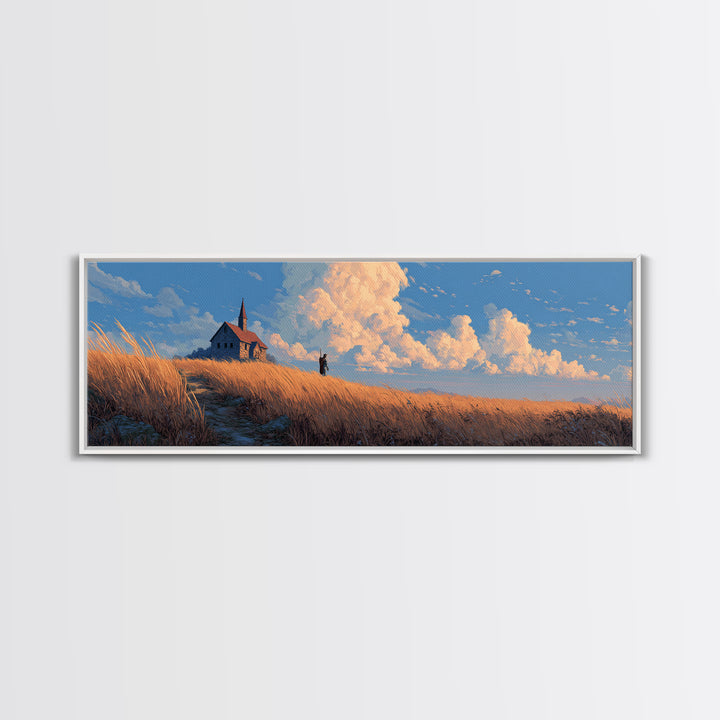 Peaceful Countryside Scene With Golden Wheat Field And Small Church Under Dramatic Sky Framed Canvas Print For Nature Wall Art