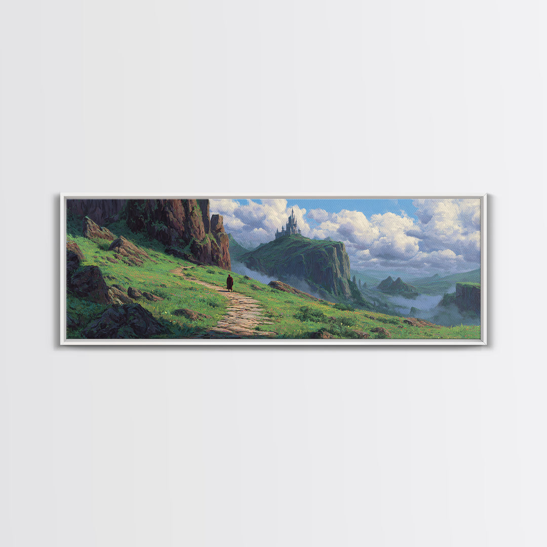 Enchanting Fantasy Landscape With Lone Traveler Walking Toward Mystic Castle on Cliff Surrounded by Lush Greenery Wall Art Canvas Print