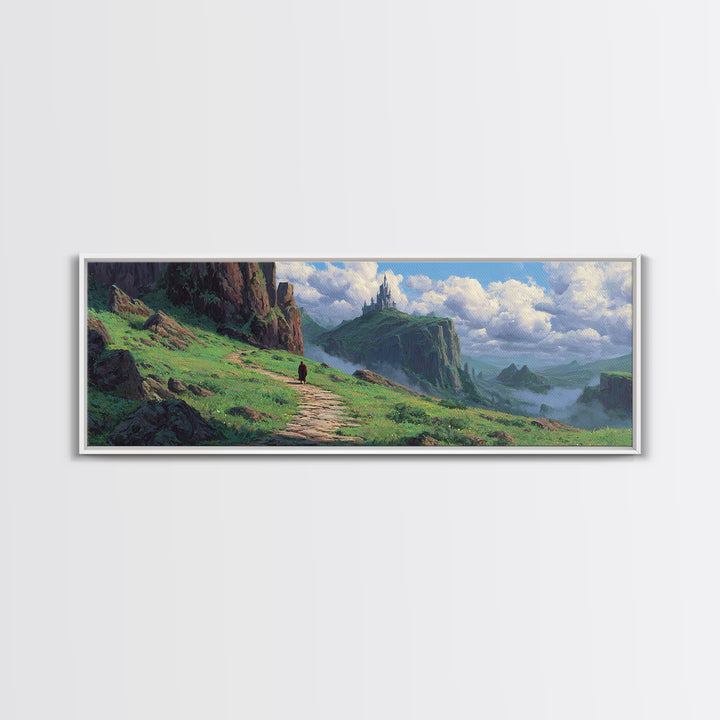 Enchanting Fantasy Landscape With Lone Traveler Walking Toward Mystic Castle on Cliff Surrounded by Lush Greenery Wall Art Canvas Print