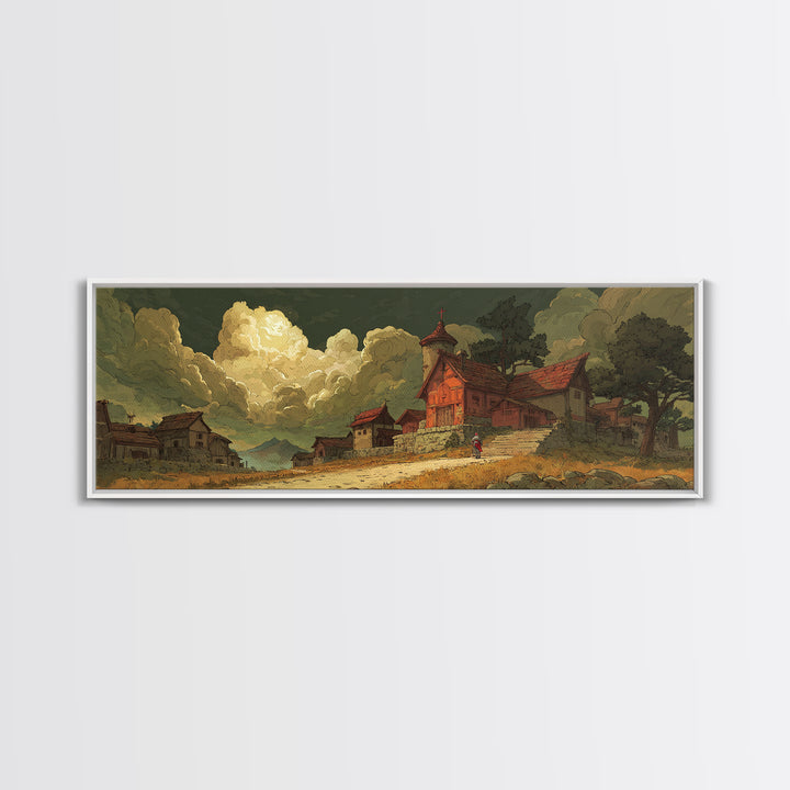 Fantasy Village Landscape Artwork With Knight And Dramatic Sky In Warm Tones Canvas Print