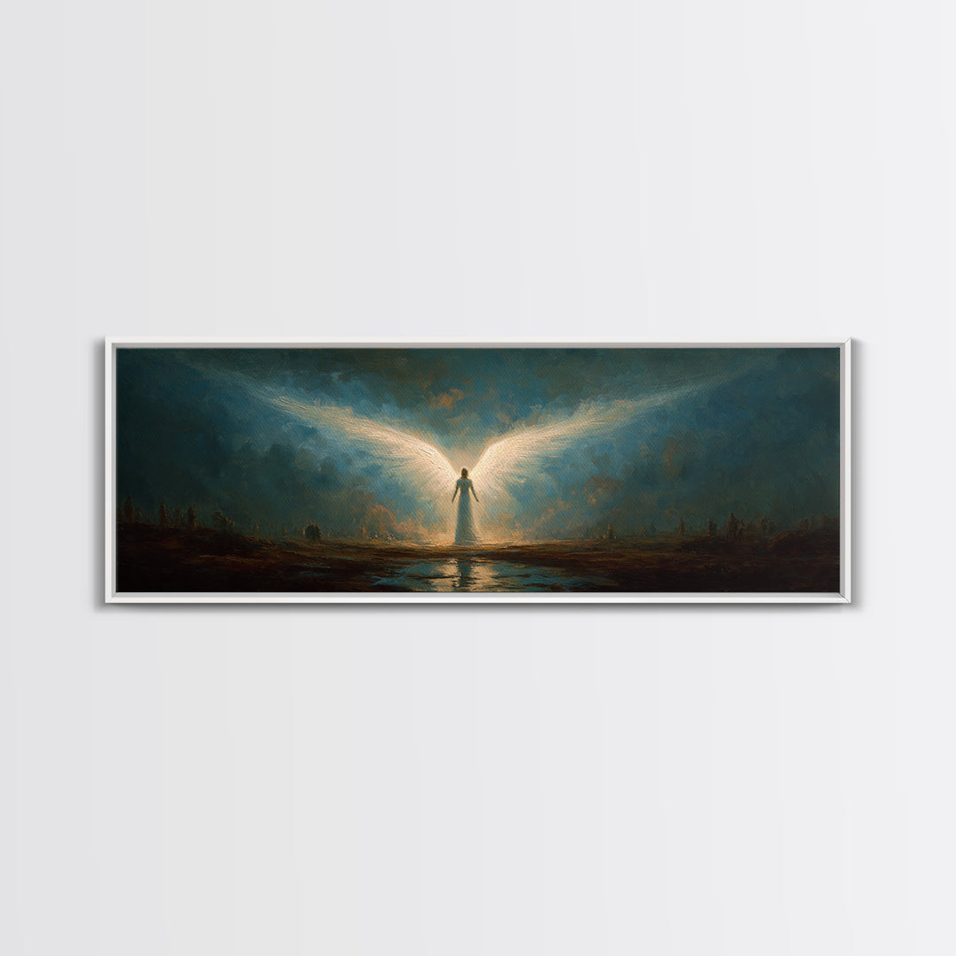 Ethereal Canvas Print Of Angelic Figure Radiating Light Among Heavenly Battle Scene Spiritual Wall Art For Inspirational And Contemporary Home Decoration