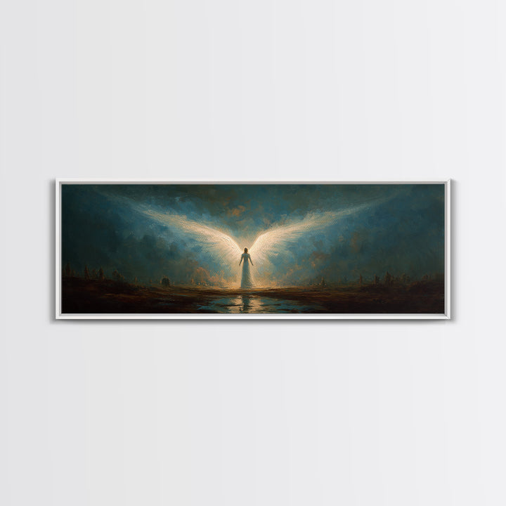 Ethereal Canvas Print Of Angelic Figure Radiating Light Among Heavenly Battle Scene Spiritual Wall Art For Inspirational And Contemporary Home Decoration