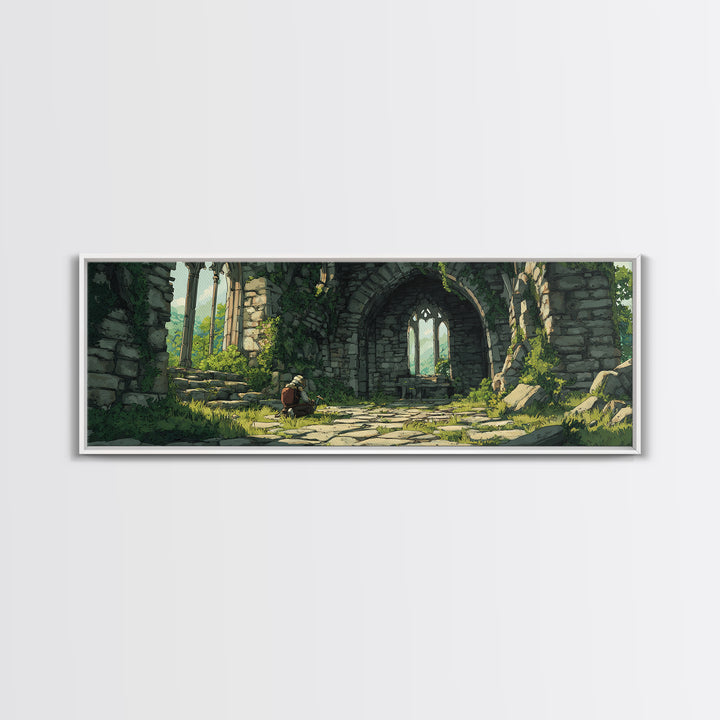 Serene Ruins With Adventurer In Medieval Stone Archway Wall Art Perfect For Home Decor Lovers And Fantasy Enthusiasts Framed Canvas Print