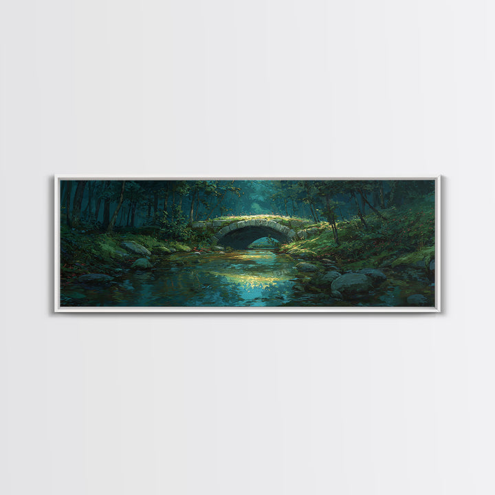 Enchanted Forest Bridge Over Quiet Stream Surrounded By Lush Trees Greenery Nature Wall Art Canvas Print For Home Decor