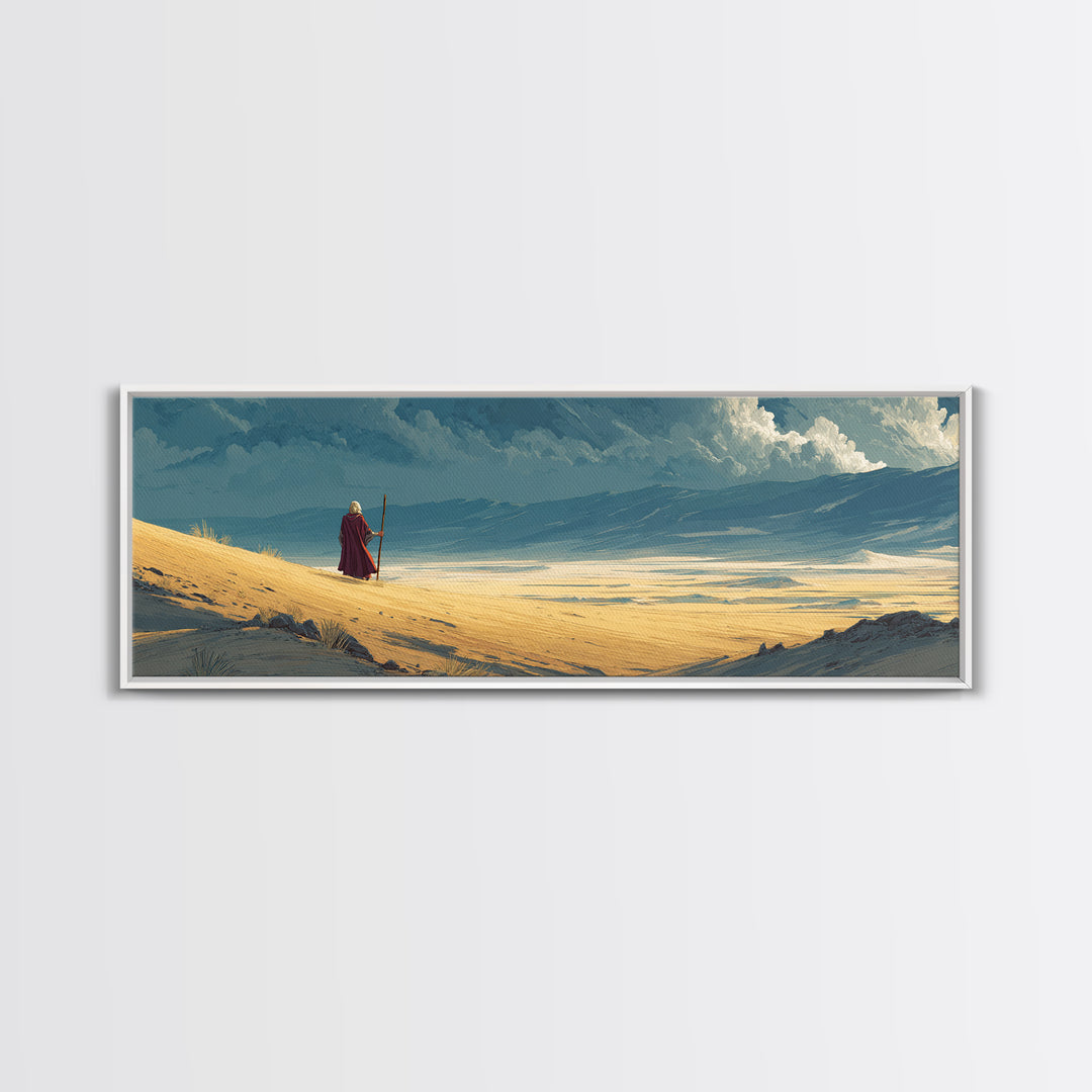 Solitary Traveler On Vast Desert Landscape With Dramatic Clouds Wall Art Canvas Print For Home Decor