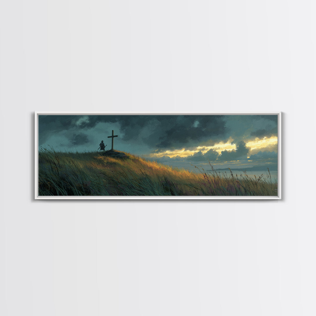 Peaceful Landscape Painting Of Knight And Cross At Sunset Over Rolling Hills Moody Wall Art Print