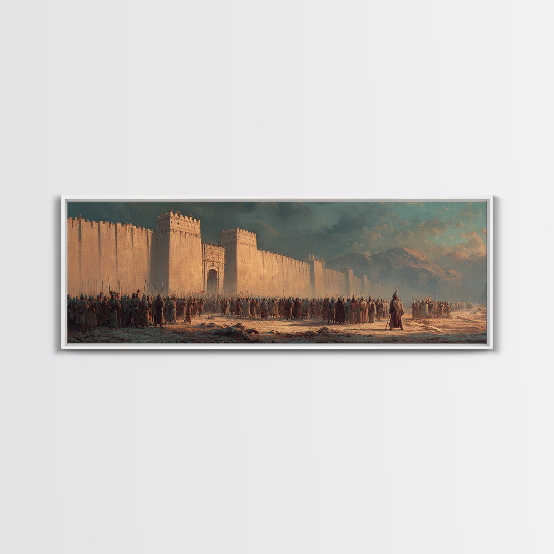Historical Ancient Fortress Castle With Army Gathering In Front Under Moody Sky Canvas Print