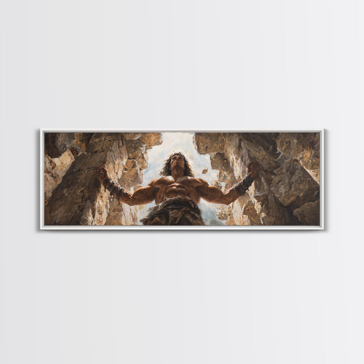 Powerful Barbarian Breaking Rocks With Muscular Strength Wall Art Framed Canvas Print For Home Decor And Office