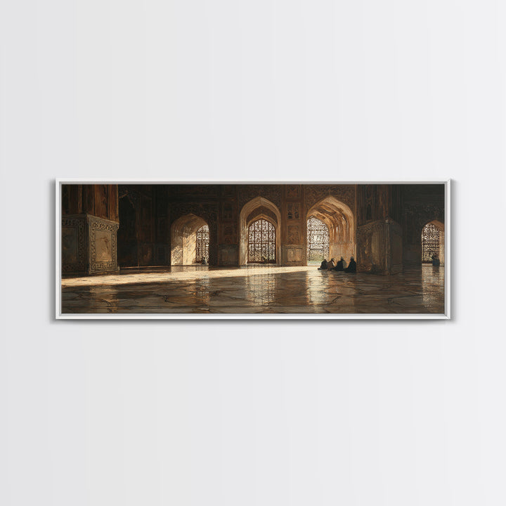 Golden Mosque Prayer Hall Wall Art, Islamic Architecture Canvas, Arabic Home Decor, Spiritual Travel Print For Living Room