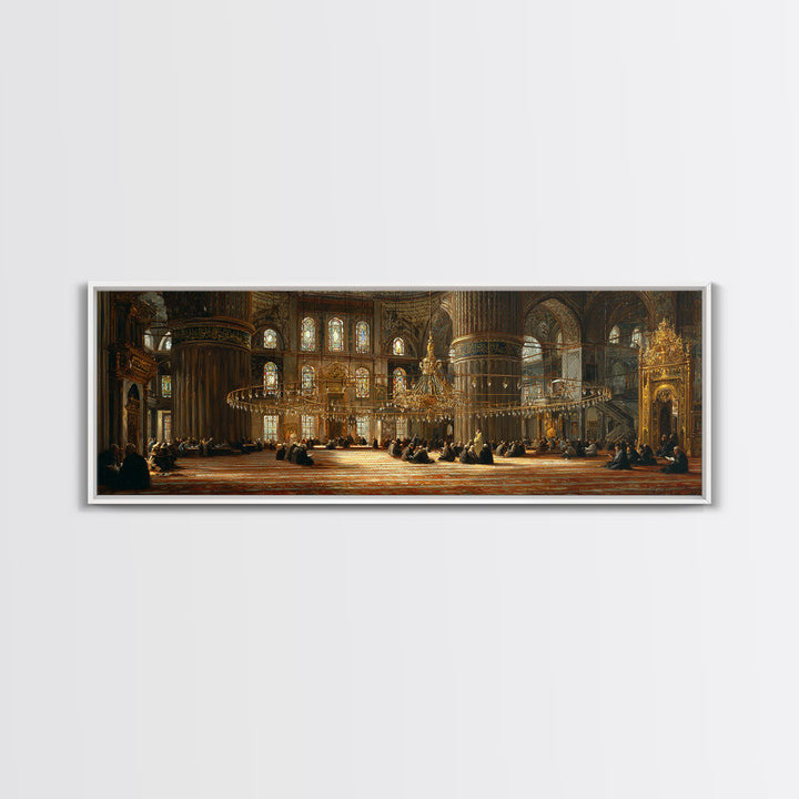 Intricate Historic Mosque Interior With Worshippers And Golden Details Wall Art Beautiful Islamic Architecture Framed Canvas Print