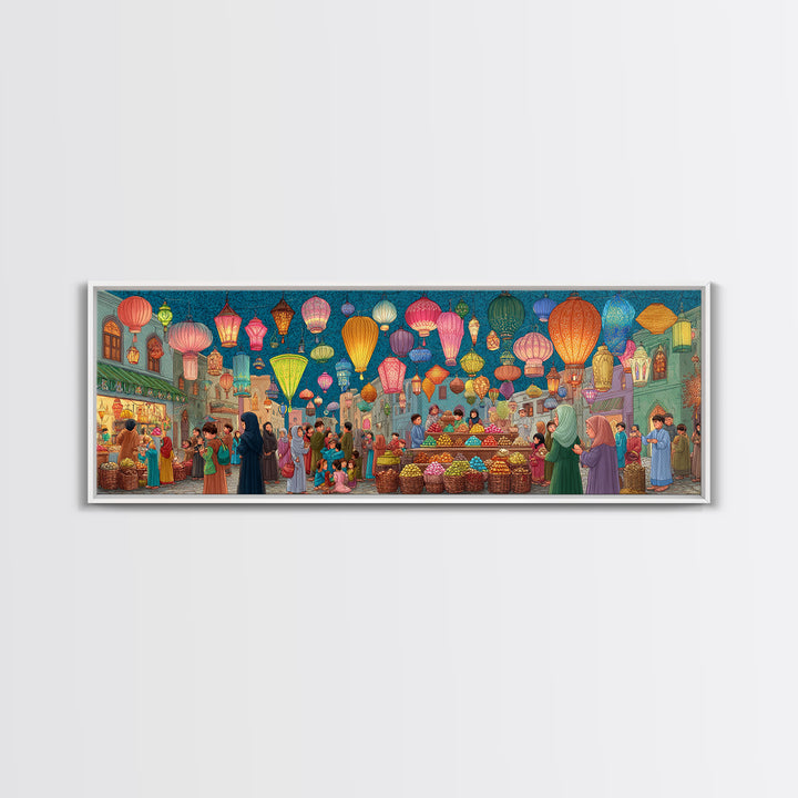 Bustling Market Scene Painting With Lanterns And People Vibrant Traditional Street Life Colorful Wall Art