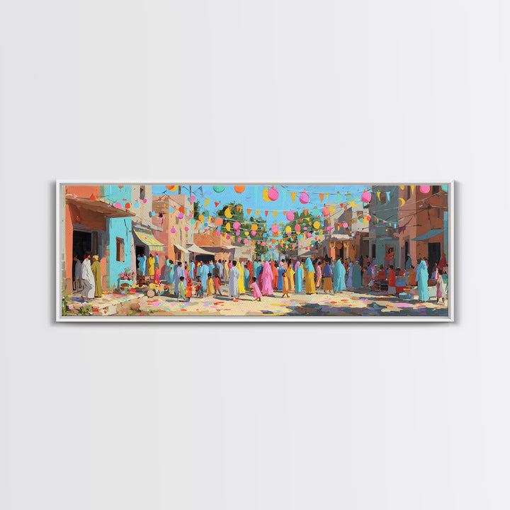 Festive Colorful Town Square Celebration Digital Painting Bright Lanterns And Crowds For Joyful Wall Art