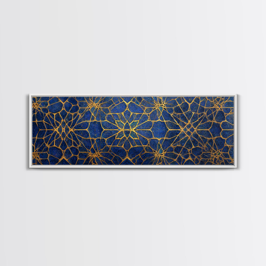 Detailed Blue And Gold Islamic Geometric Pattern Canvas Print For Elegant Religious Home Decor