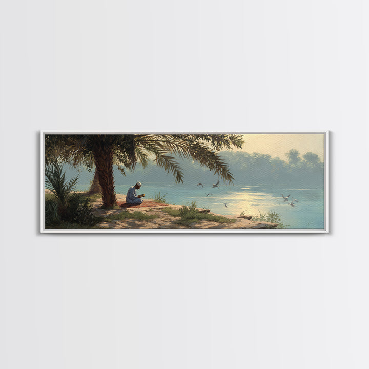 Tranquil Riverside Scene With Man Reading Sacred Text Surrounded by Palm Trees and Calm Waters Oil Painting Canvas Print