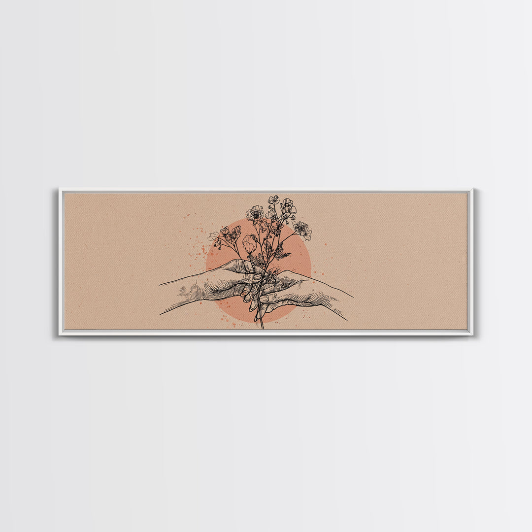 Hands Holding Wildflowers Line Art Wall Art, Neutral Botanical Canvas Print, Romantic Gift For Her And Minimal Bedroom Decor