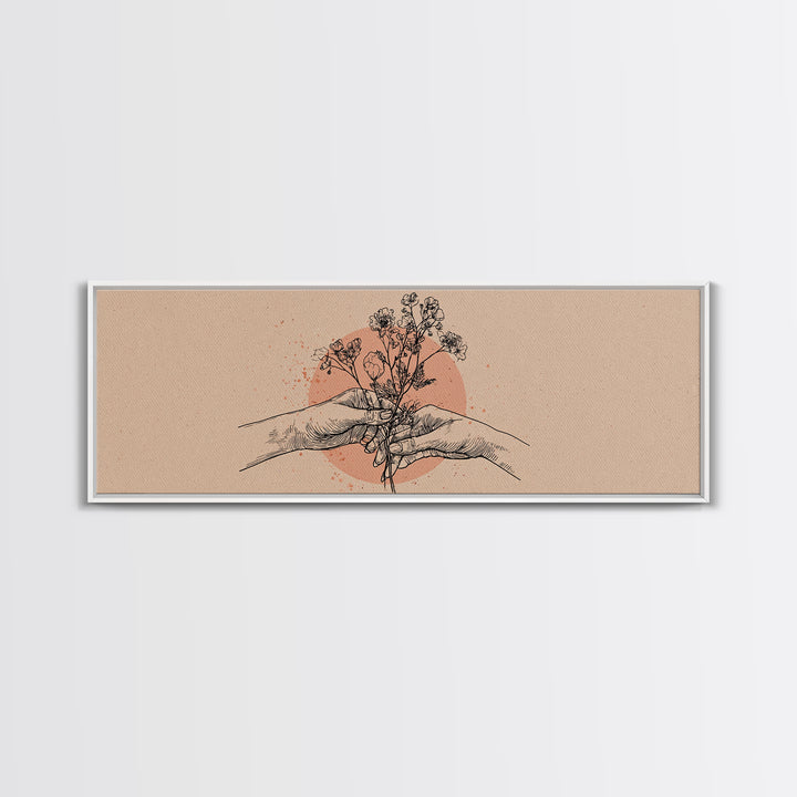 Hands Holding Wildflowers Line Art Wall Art, Neutral Botanical Canvas Print, Romantic Gift For Her And Minimal Bedroom Decor