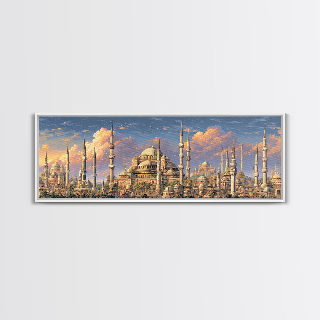 Vibrant Cityscape With Ornate Minarets And Warm Sunset Sky Framed Canvas Print For Home Decor