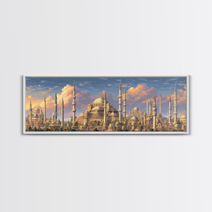 Vibrant Cityscape With Ornate Minarets And Warm Sunset Sky Framed Canvas Print For Home Decor