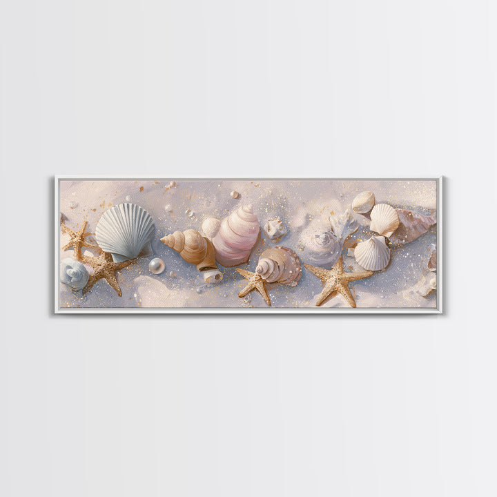 Pastel Seashells And Starfish Beach Wall Art, Coastal Canvas Print, Nautical Bathroom Decor And Beach House Gift For Her
