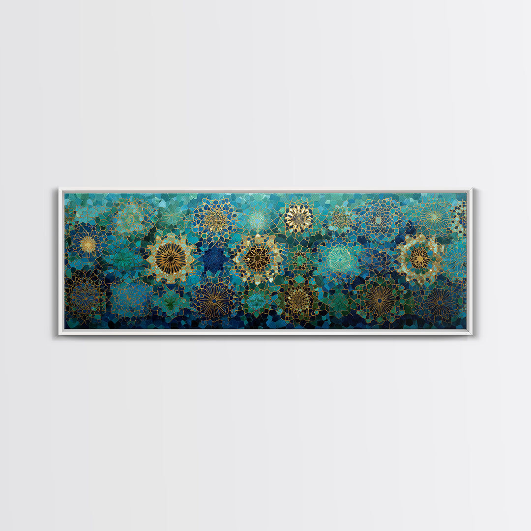 Intricate Green And Blue Moroccan Mosaic Pattern Abstract Wall Art Canvas Print For Exotic Home Decor Gift