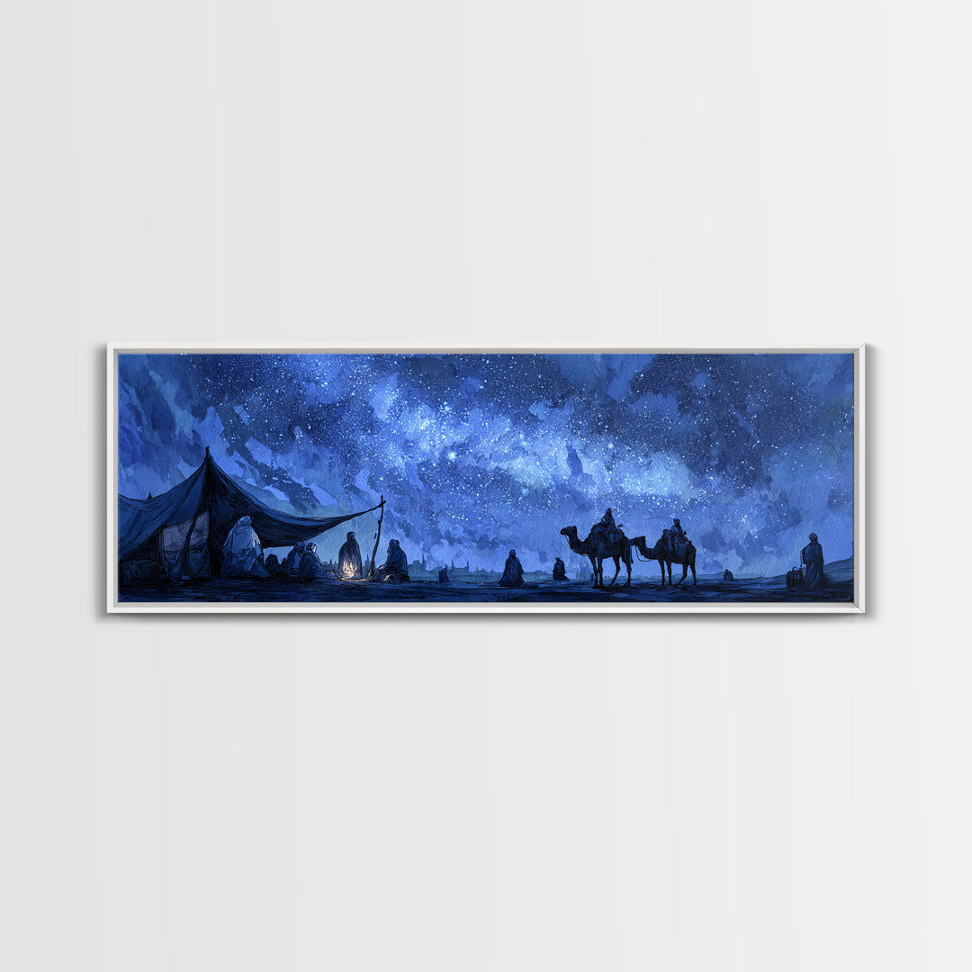 Mystical Desert Night Scene With Campfire And Stargazing Nomads Wall Art Framed Canvas Print For Rustic Home Decor