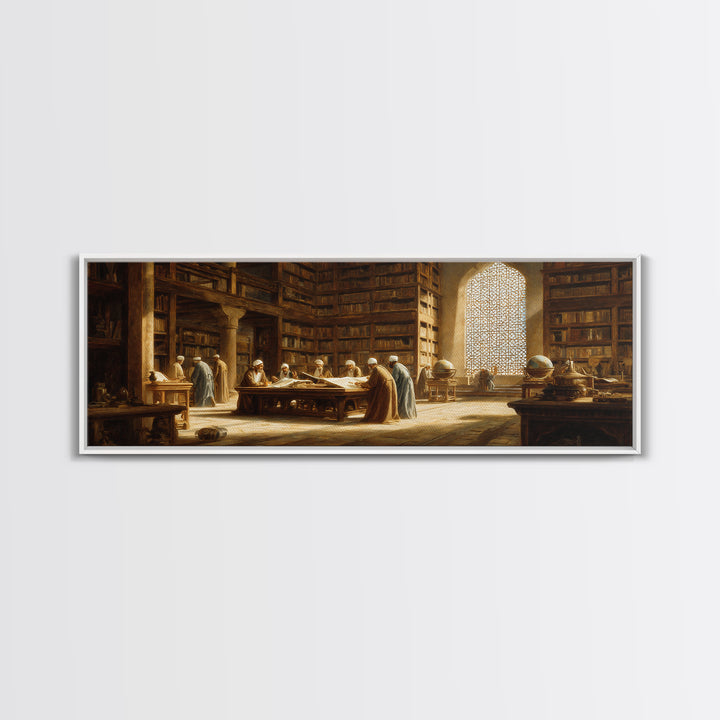 Historical Middle Eastern Library Scene Painting Wall Art Framed Canvas Print For Study Room Decor And Book Lover Gift
