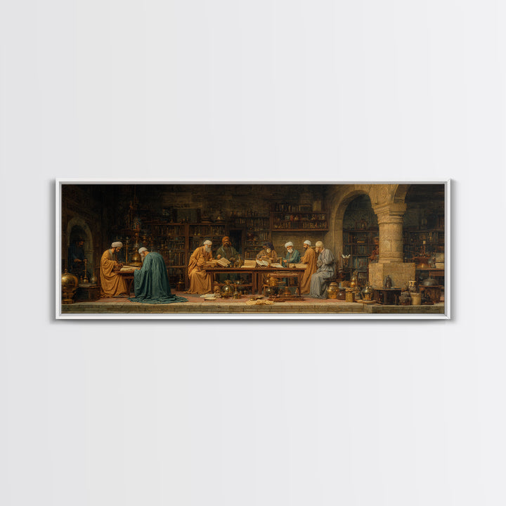 Intricate Middle Eastern Study Scene With Scholars And Books Classic Style Oil Painting Wall Art Framed Canvas Print