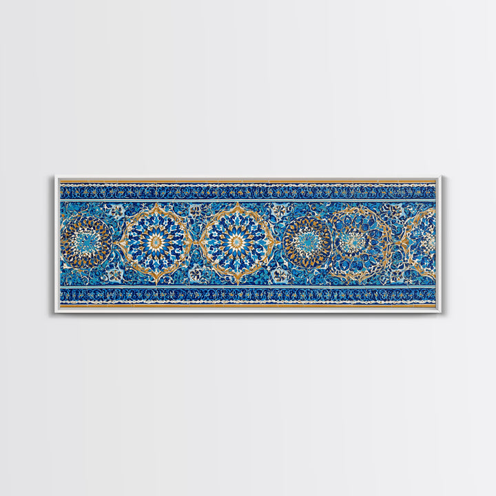 Detailed Handpainted Islamic Tile Blue And Gold Pattern Artwork Canvas Print For Moroccan Home Decor And Framed Wall Art
