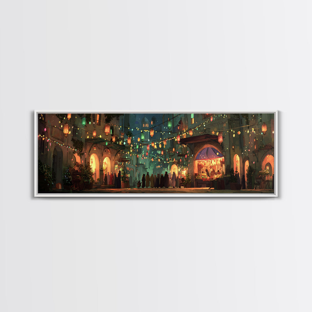 Vibrant Nighttime Street Market Scene With Lanterns And Crowds Framed Canvas Print