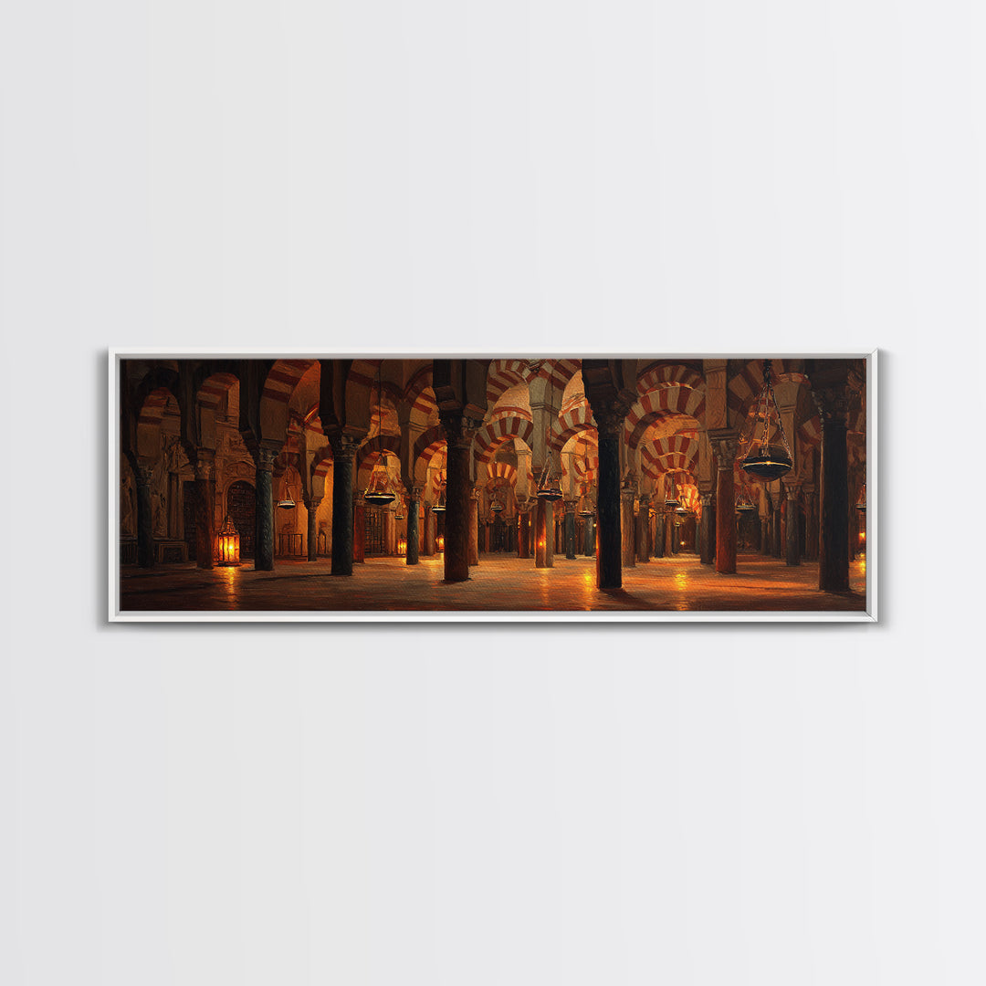 Warm Glowing Columns Of Ancient Mosque Interior With Arches Framed Canvas Print For Rustic Home Decor And Statement Wall Art
