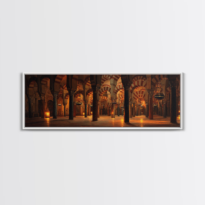 Warm Glowing Columns Of Ancient Mosque Interior With Arches Framed Canvas Print For Rustic Home Decor And Statement Wall Art
