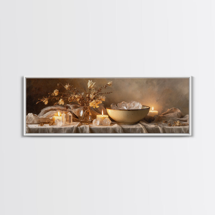 Crystals Candles And Dried Flowers Wall Art, Moody Spa Framed Canvas Print, Zen Meditation Decor For Cozy Living Room Art