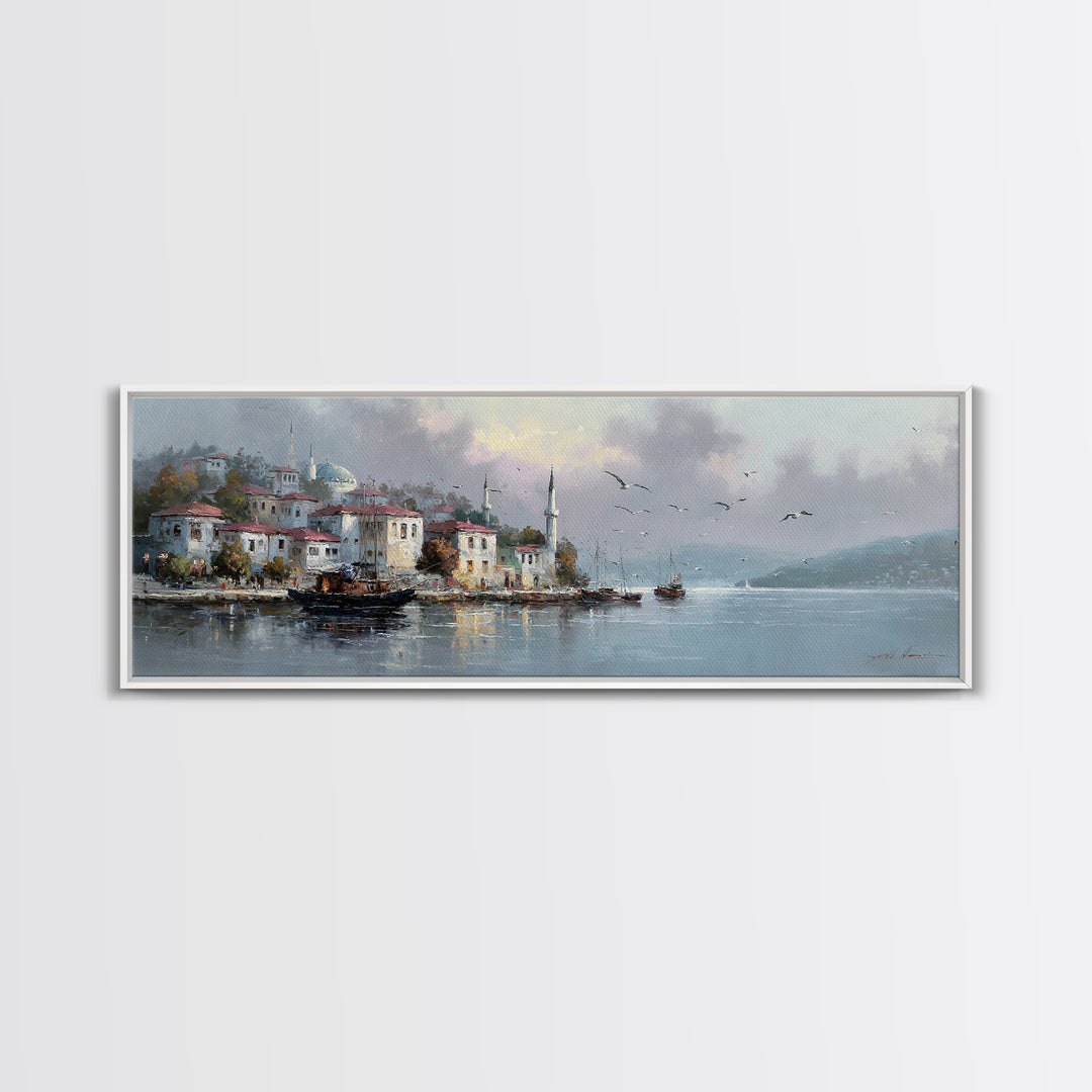 Scenic Coastal Fishing Village With Boats In Harbor Under Soft Cloudy Sky Framed Canvas Print For Rustic And Vintage Wall Art