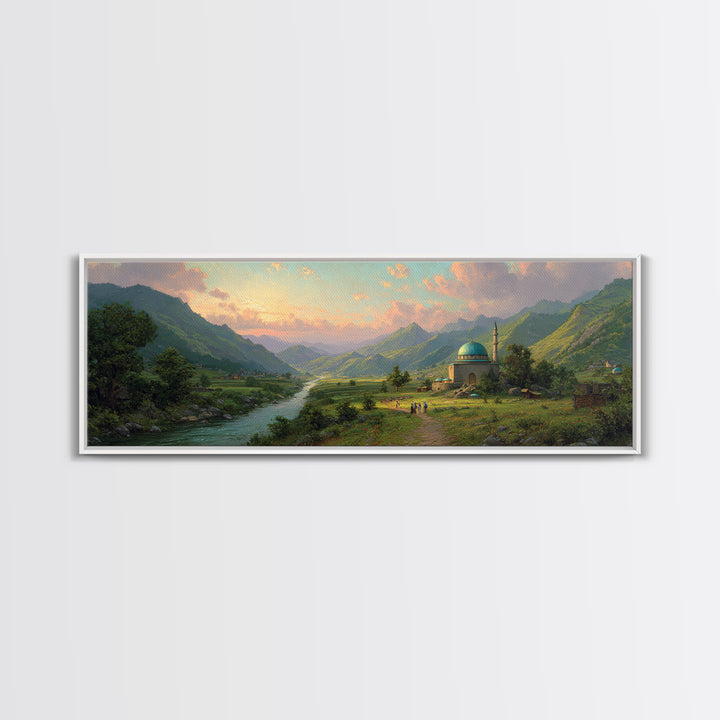 Beautiful Serene Mountain Landscape With River And Village, Romantic Nature Oil Painting Framed Canvas Print, Large Wall Art For Home Decor
