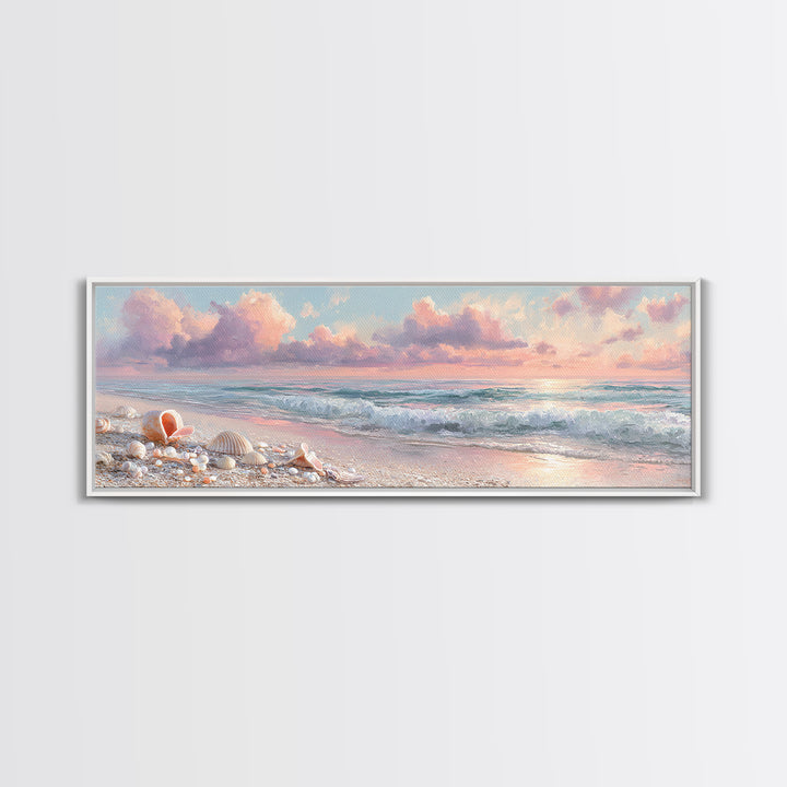 Pastel Ocean Waves And Shells Beach Wall Art, Coastal Canvas Print, Seashell Bathroom Decor And Beach House Gift For Her