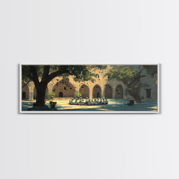 Historic Courtyard With Men In Traditional Clothing Sitting And Talking Framed Canvas