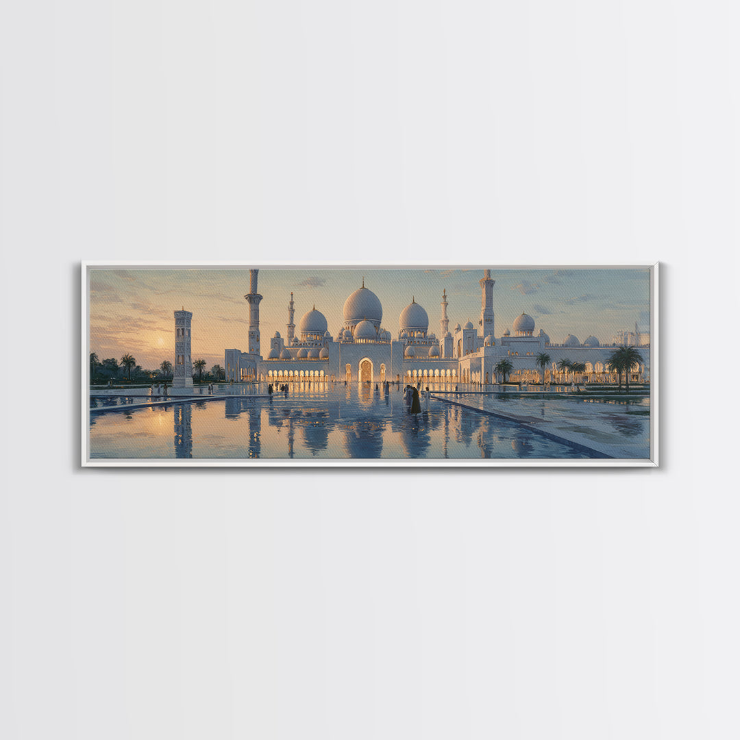 Majestic Mosque Sunset Golden Hour With Warm Glow And Reflections - Elegant Architectural Wall Art Canvas Print For Home Decor