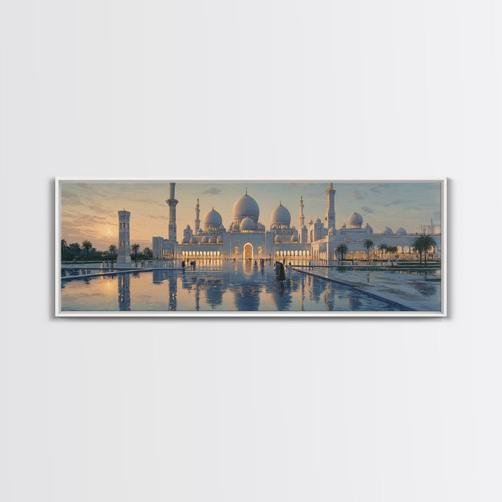 Majestic Mosque Sunset Golden Hour With Warm Glow And Reflections - Elegant Architectural Wall Art Canvas Print For Home Decor