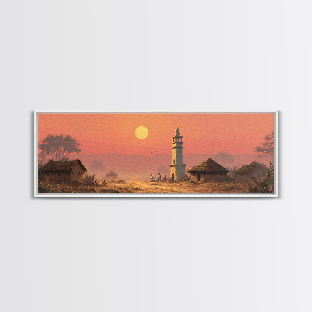Rural Village Minaret At Peach Sunset Wall Art, Islamic Landscape Print, Prayer Room Decor, Warm Farmhouse Home Decor Gift