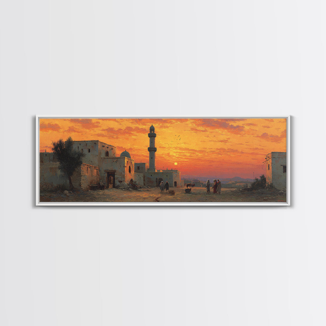 Stunning Sunset Over Desert Village With Minaret Oil Painting Warm Landscape Wall Art Framed Canvas Print For Home And Office
